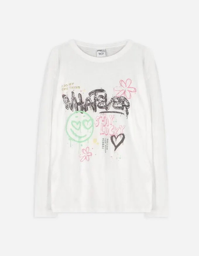 Tričko s dlouhým rukávem - Třpytivý potisk - bílá