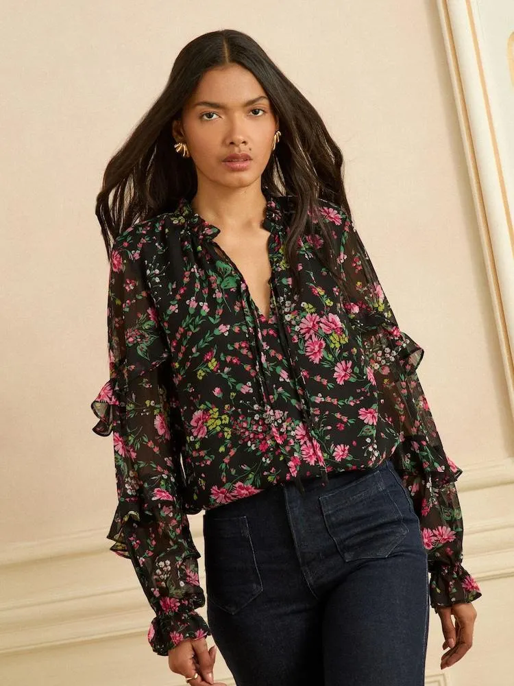 Love & Roses halenka s vykrojením ve výstřihu a volánovými manžetami