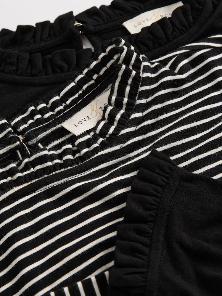 Černá A Pruhy – pruhované - Love & Roses žerzejový top s volánovým výstřihem a dlouhým rukávem