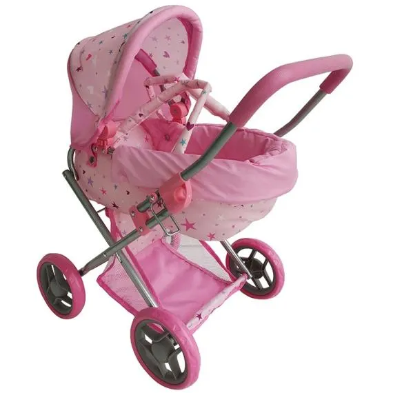 Dětský kočárek hluboký - růžový s hvězdami 439369ST