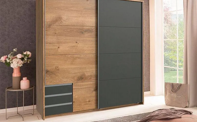 EMDESA 775 šatní skříň, bez okrasné lišty, Dub planket/šedá