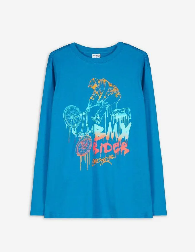 Tričko s dlouhým rukávem - Přední potisk - tyrkysova