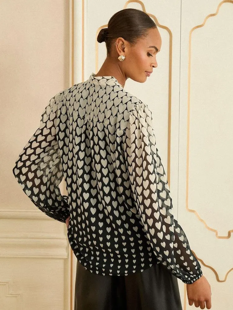 Černá se srdíčky - Love & Roses halenka s mašlí a Dlouhý rukáv