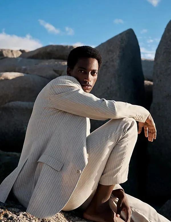 Pruhované kostýmové sako z italského lnu Miracle™, mírně projmutý střih