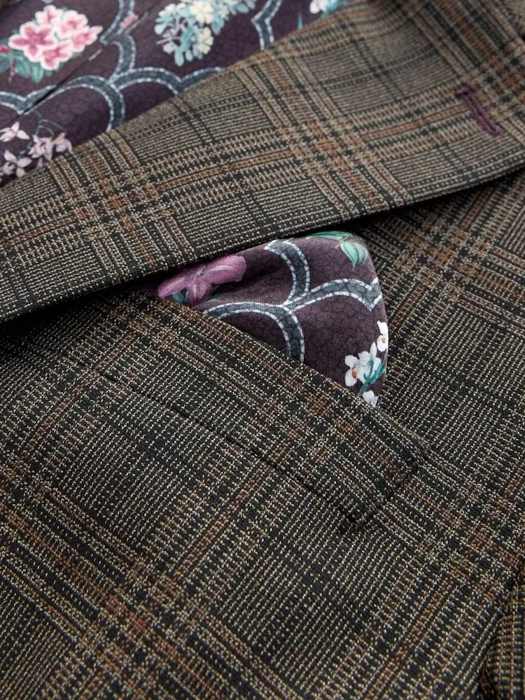 Hnědá - Kostkované oblekové sako střihu Slim Fit s lemováním