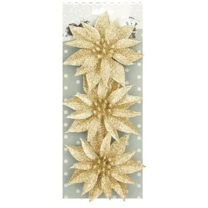 Růže vánoční glitrová zlatá 3 ks