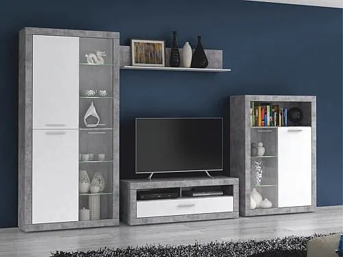 Obývací stěna FINELY šedý beton / bílé dveře