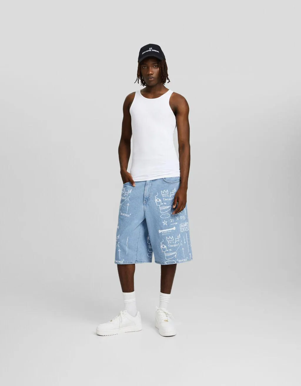 Džínové bermudy Jean-Michel Basquiat s potiskem