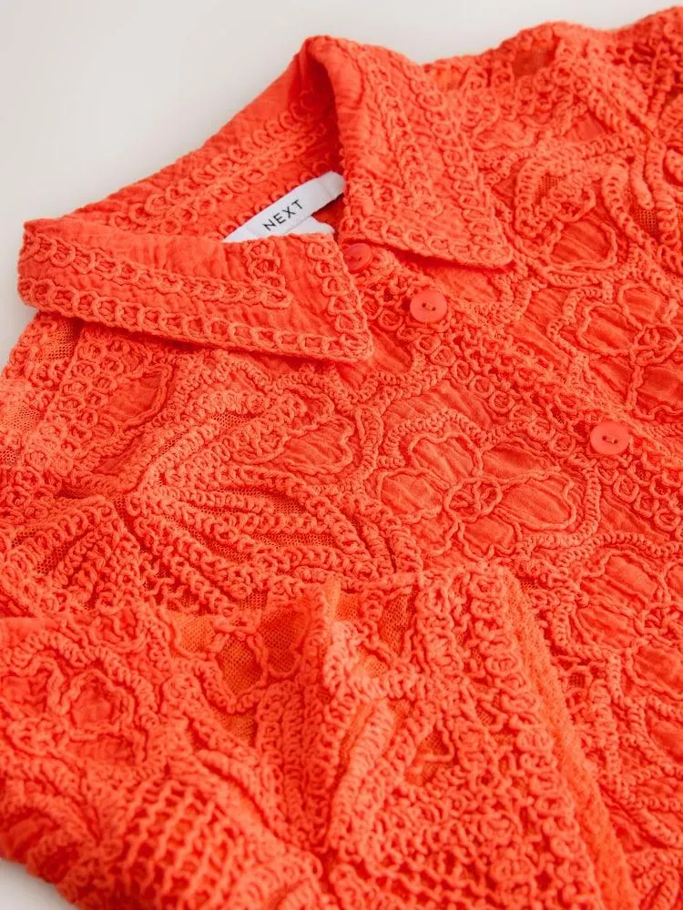 Oranžová - Háčkovaná košile s krátkým rukávem