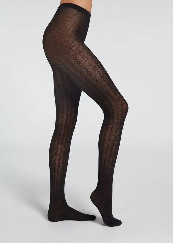 Collant con Cashmere Motivo a Trecce