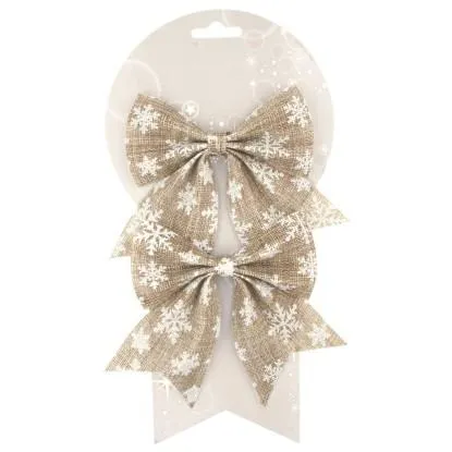 Anděl Přerov Vánoční dekorace jutová mašle s vločkami přírodní 14 cm, 2 ks