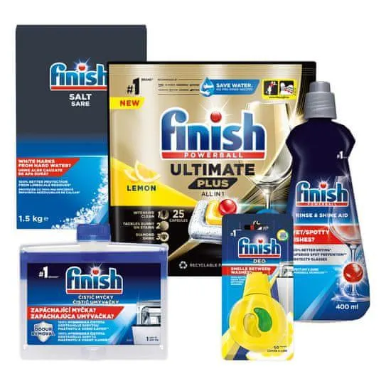Finish Starter pack - Ultimate Plus All in 1 kapsle do myčky nádobí 25 ks Lemon + Sůl 1,5 kg + Leštidlo Shine&Dry Regular 400 ml + Osvěžovač Odor Stop Easy Clip + Čistič myčky 250 ml
