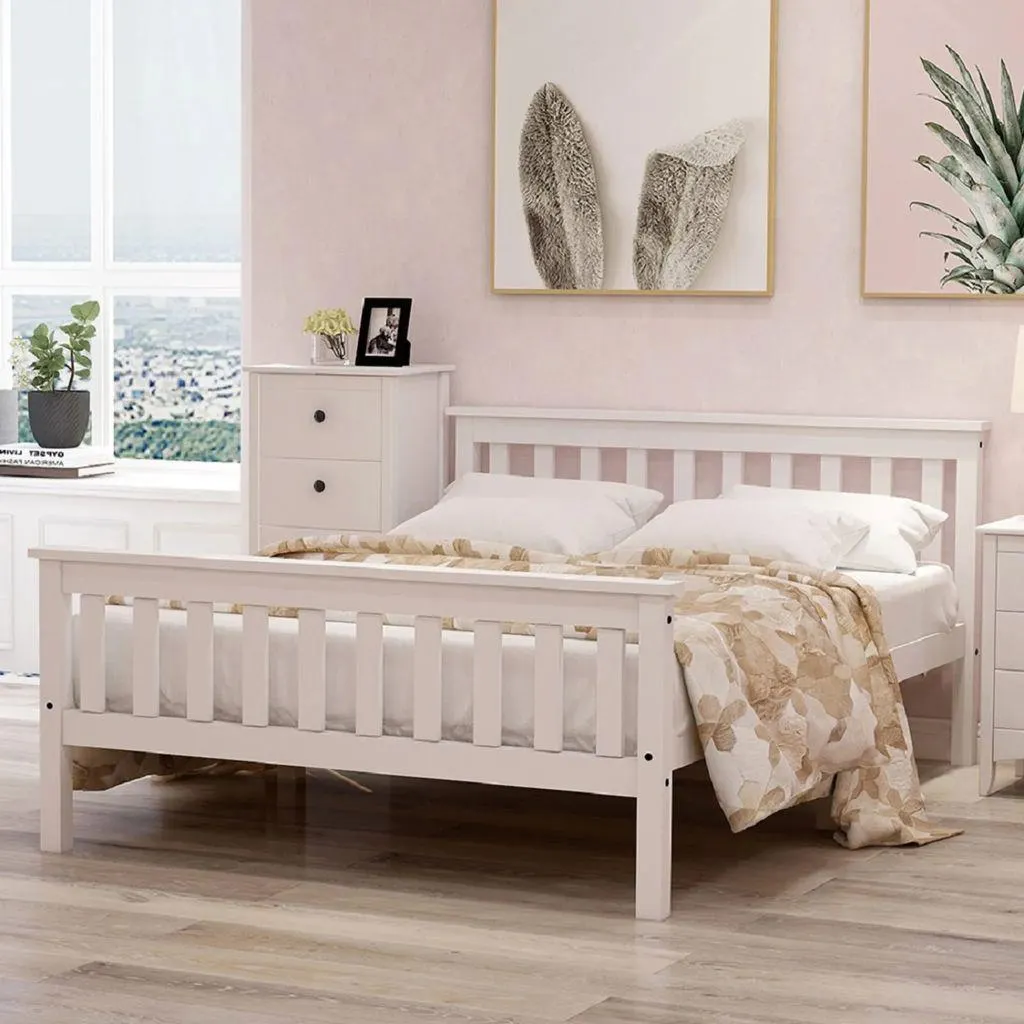 Merax Manželská postel 140 x 200 cm Postel z masivu s čelem a roštovým rámem, vysoce kvalitní klasická postel Dřevěná postel Borovicový rošt, bílá barva