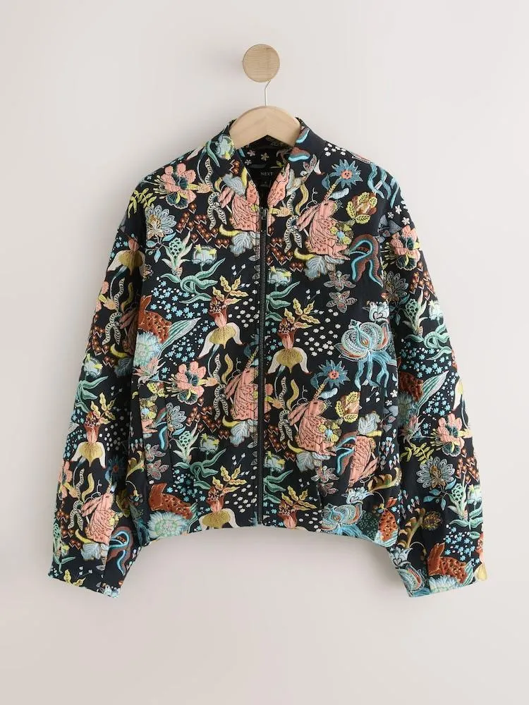Černý - Květinová žakárová bomber bunda