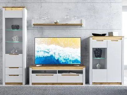 SOLANA obývací stěna, bílá/dub taxo/bílá lesk + LED osvětlení