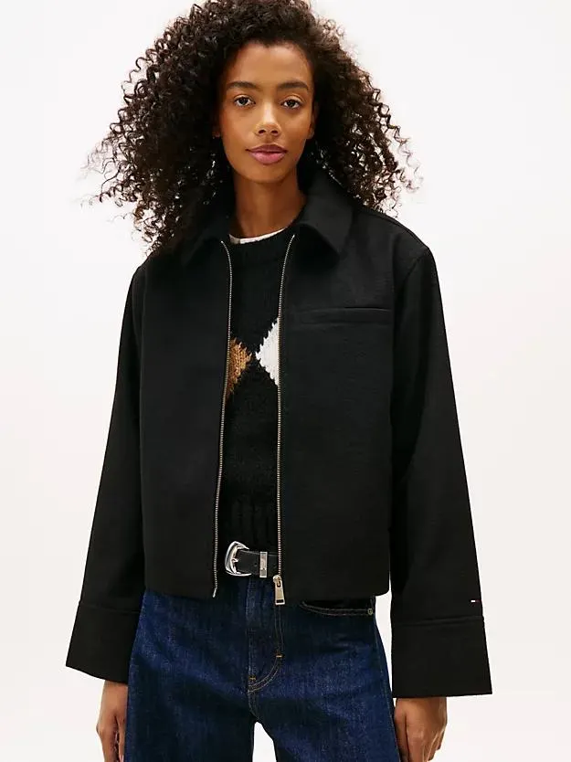 Collared Zip-Thru Wool Blend Twill Jacket