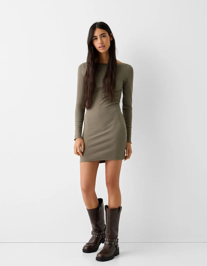 Ribbed knit boat neck long sleeve mini dress