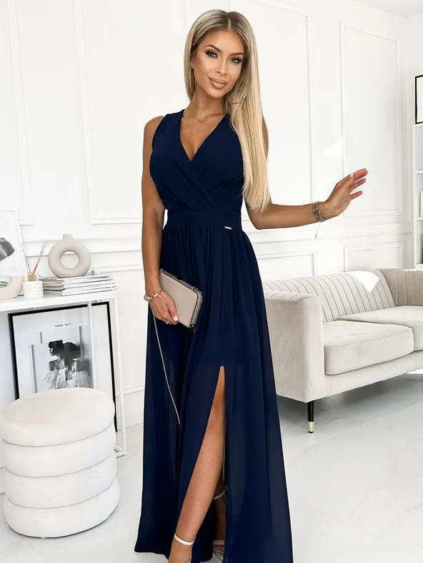 Dlouhé šaty s výstřihem a zavazováním - tmavě modré Numoco JUSTINE