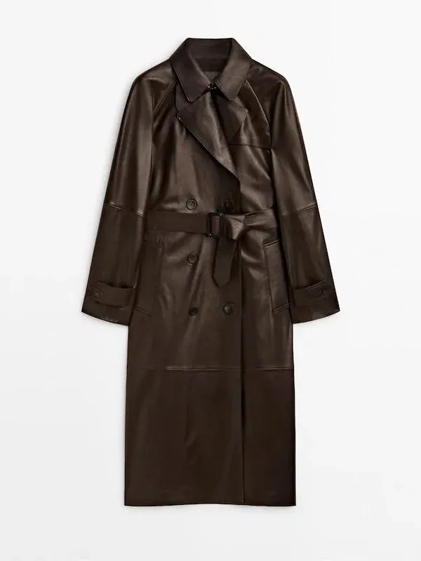 Kabát stylu trenčkot z kůže napa s páskem