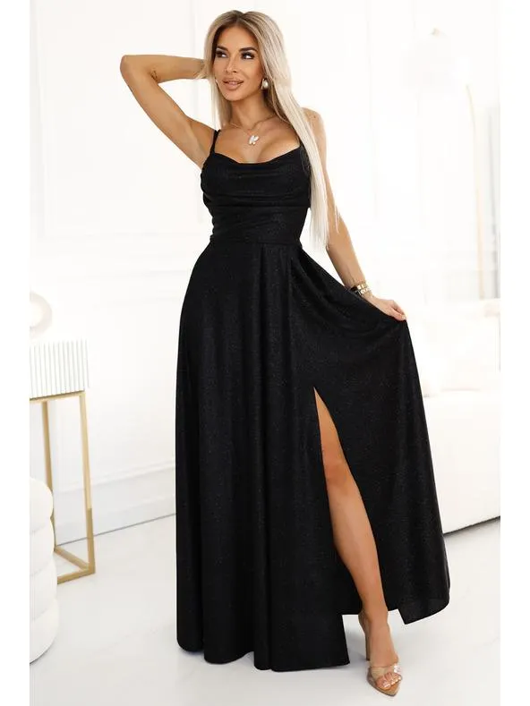 Dlouhé černé třpytivé šaty s korzetovým šněrováním vzadu