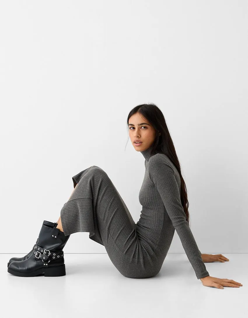 Ribbed knit high neck dress with long sleeves