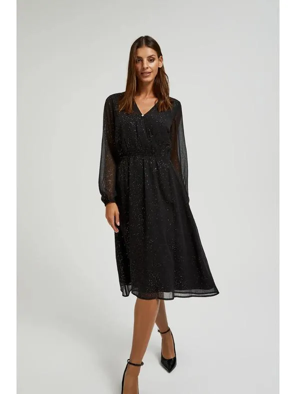 Černé třpytivé šaty s průhlednými rukávy Moodo