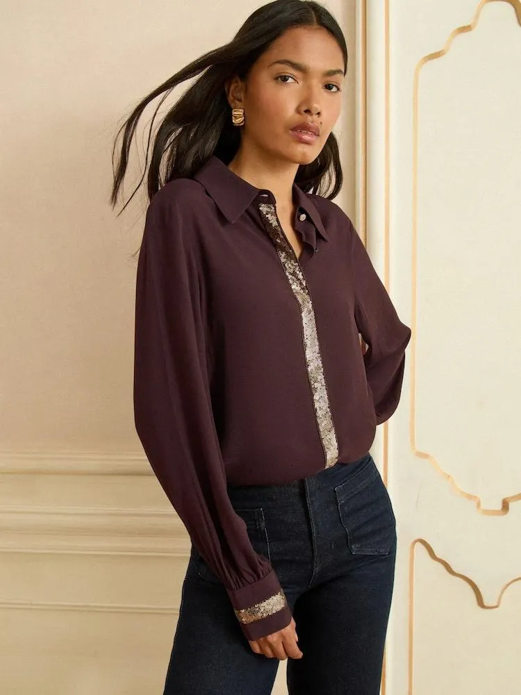 Čokoládově hnědá - Love & Roses Long Sleeve Button Through Sequin Trim Shirt