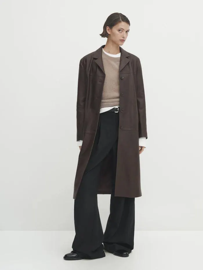 Prodloužený kabát straight fit z kůže napa