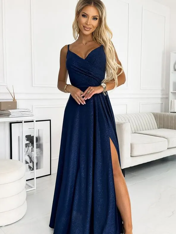Elegantní maxi šaty na ramínka - tmavě modré se třpytkami Numoco CHIARA