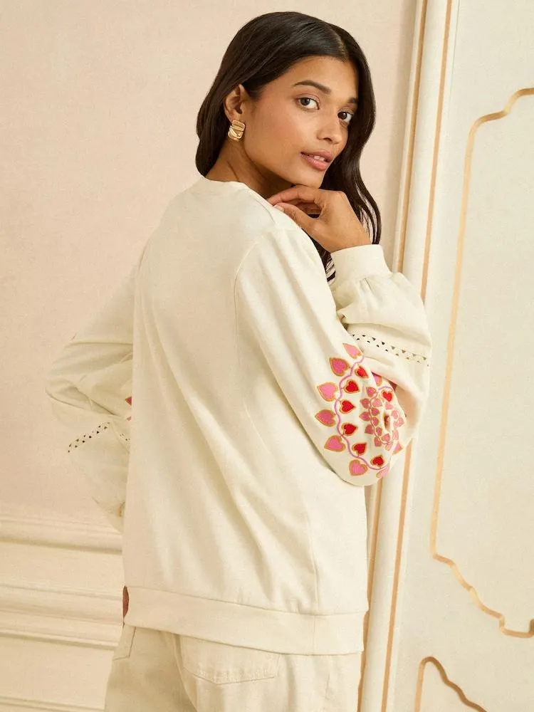Cream Heart Ric Rac - Love & Roses Embroidered Sweat Top