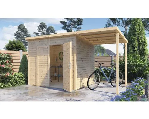 Dřevěný zahradní domek Bertilo Timmo 4 Plus přírodní 386 x 181 cm