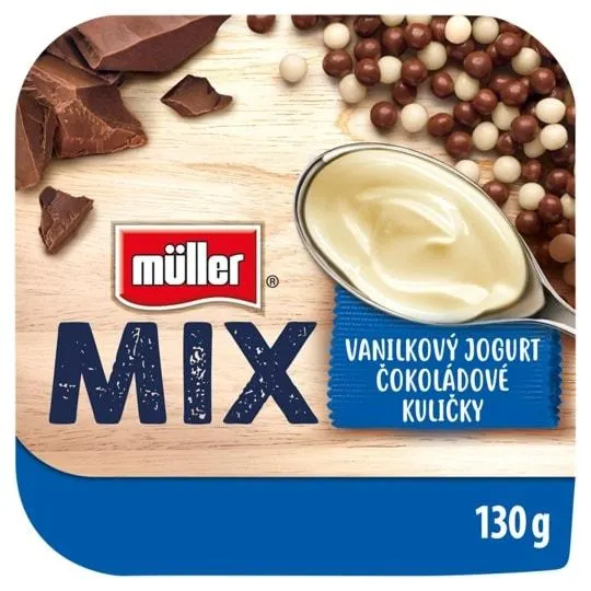 Müller Mix Jogurt s vanilkovou příchutí a cereální kuličky polité čokoládou 130g