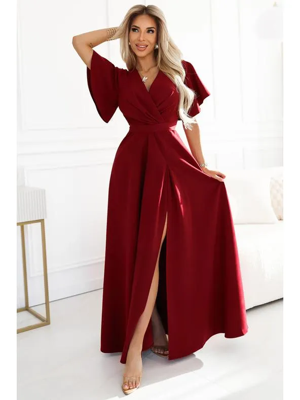 JENNIFER dlouhé šaty s rozparkem na nohavicích, rukávem a výstřihem - vínová barva