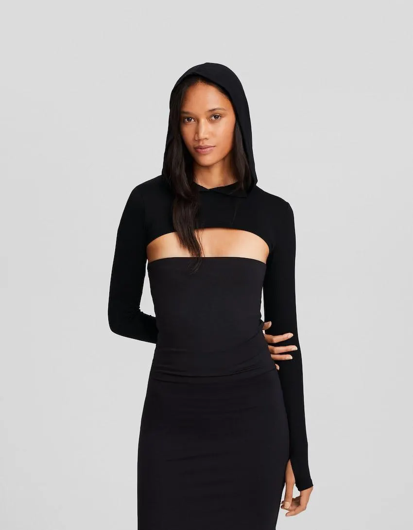 Tričko s kapucí, dlouhými rukávy a návleky na paže