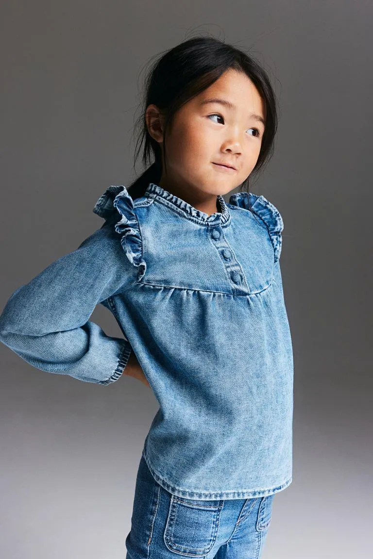 Frill Trim Denim Blouse