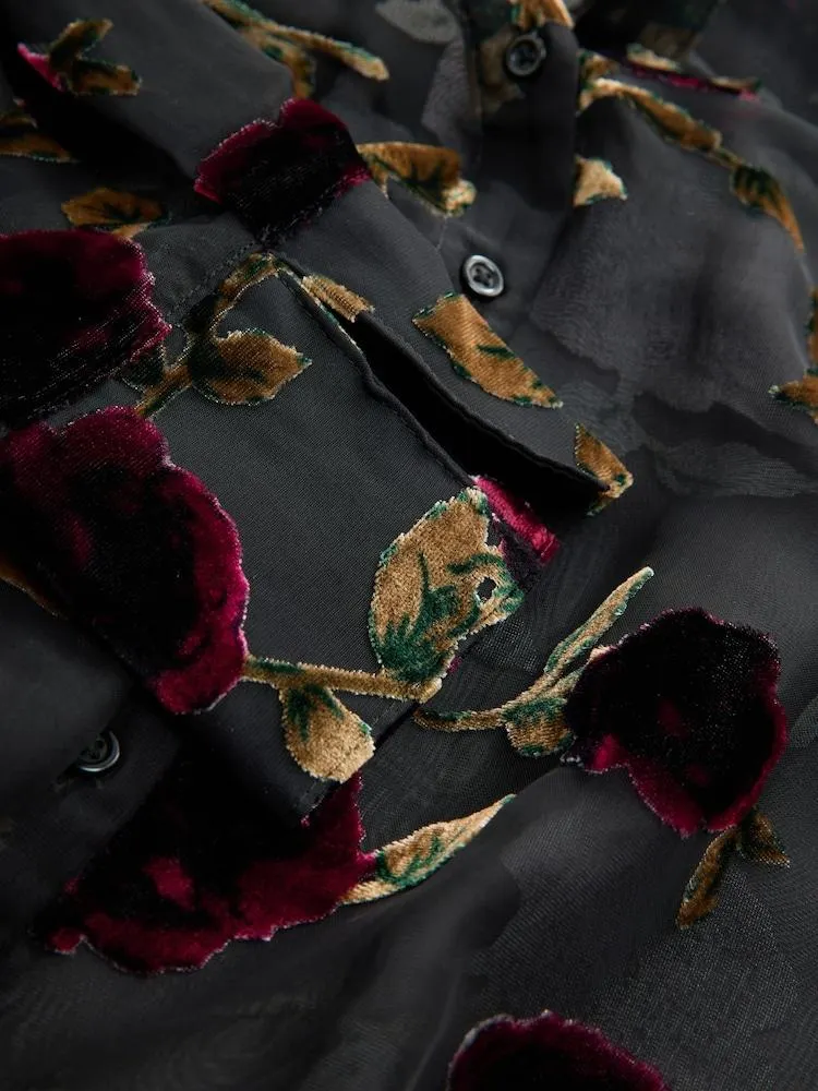 černočervená květovaná - N.Premium průhledná sametová košile s vločkami