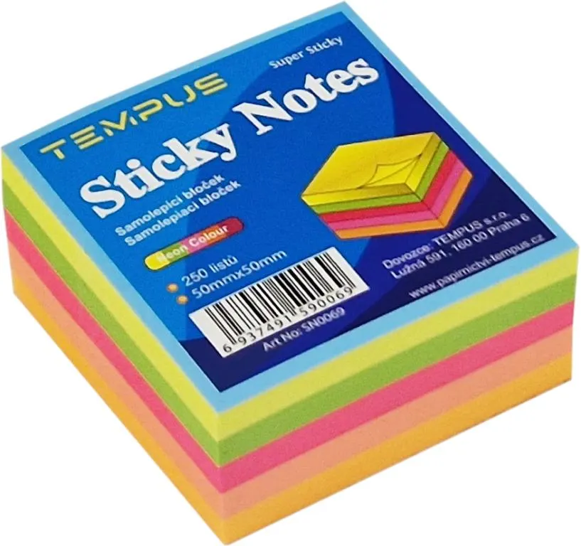 Samolepicí bloček 50 × 50 mm 250 listů - mix neon barev