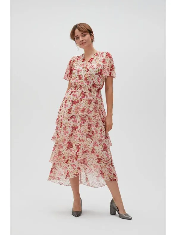 Bílo-červené květinové dámské šaty Moodo