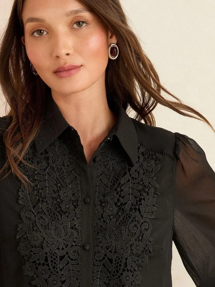 Černá krajka - Košile Love & Roses Centre s Dlouhým rukávem