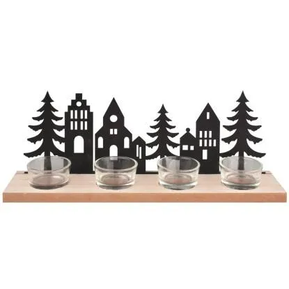 Anděl Přerov Dřevěný svícen s kovovými domky a stromy na 4 svíčky, 32 x 12 x 7cm