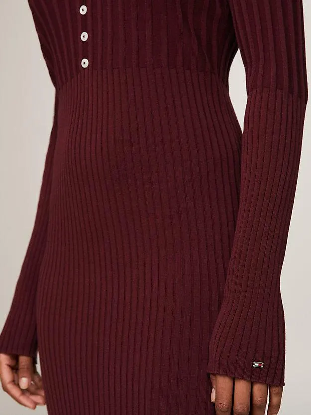Button V-Neck Slim Sweater Dress