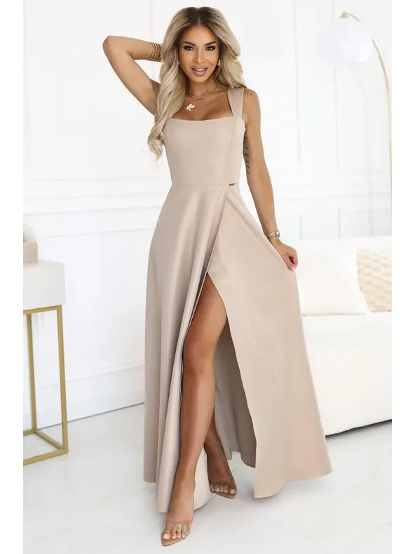 AURELIA dlouhé šaty s rozparkem a diamantovým výstřihem - béžové s třpytkami
