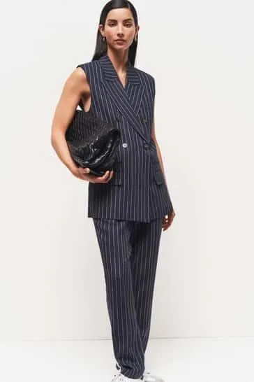 - Linen Striped Sleeveless Double Breasted Blazer