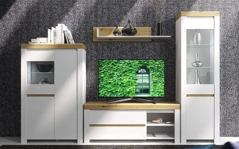 RIKOLA obývací stěna + LED, bílá/dub artisan