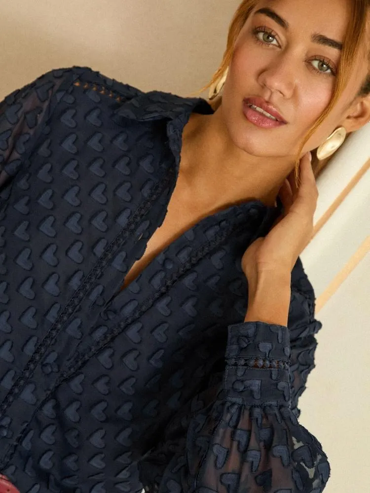 Tmavomodrá - Love & Roses 3D propínací košile se srdci a dlouhými rukávy