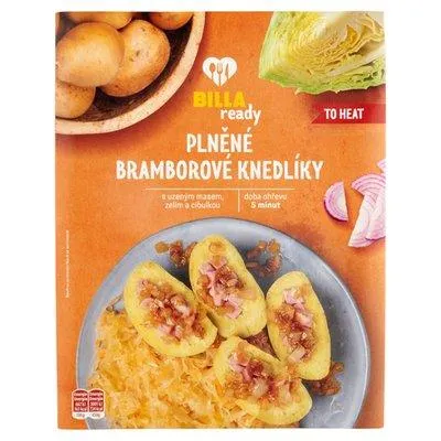 BILLA Ready Plněné bramborové knedlíky s uzeným masem, zelím a cibulkou 450g