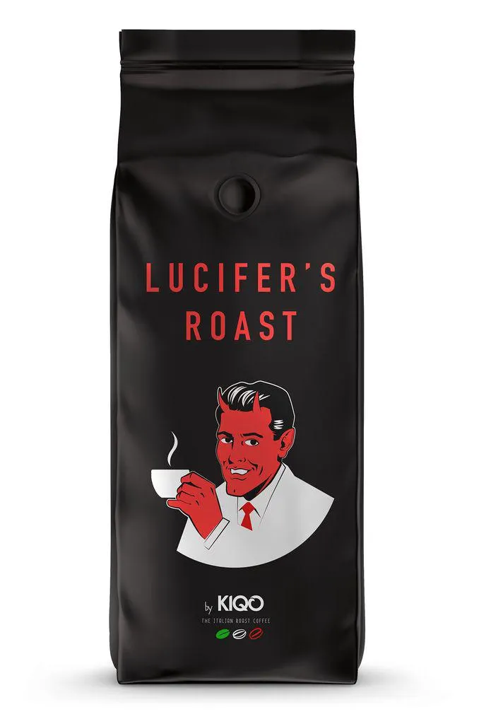 Zrnková káva LUCIFER'S ROAST od KIQO z Itálie - 1kg - silná káva - nízká kyselost - 100% Robusta - (1000g - celá zrna)
