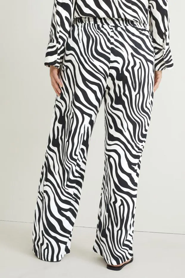 Plátěné kalhoty - mid waist - wide leg - se vzorem