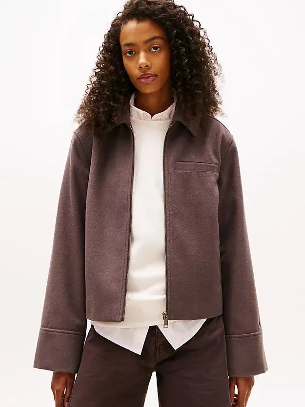 Collared Zip-Thru Wool Blend Twill Jacket