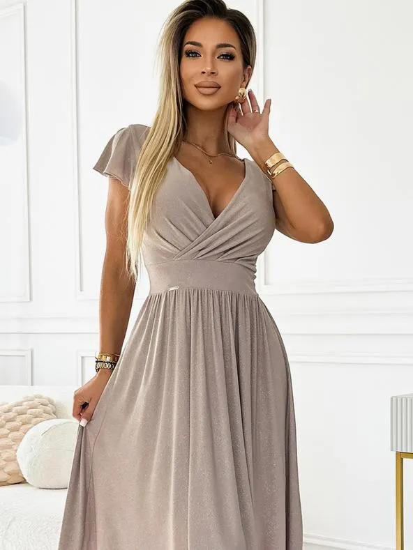 Šaty s výstřihem a krátkým rukávem - béžová se třpytkami Numoco MATILDE